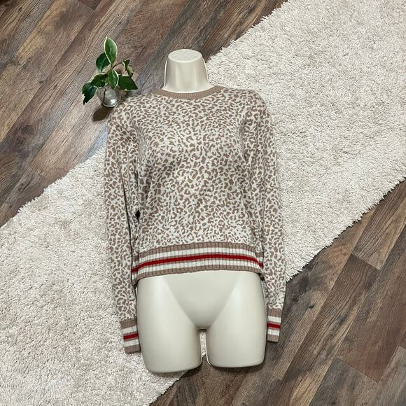 Splendid Small Oversized Beige Leopard Print Cashmere Blend Crewneck Sweater - Picture 2 of 7